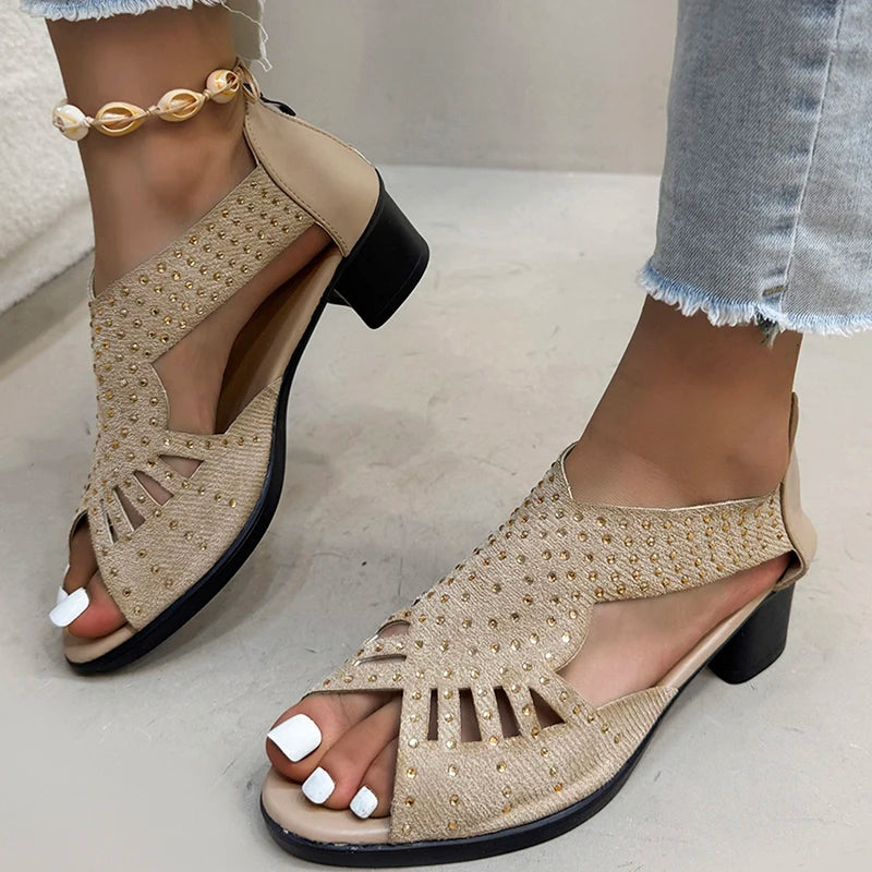 Crystal Decoration Peep Toe Sandal Women Fashion Hollow Out Black Sandals Ladies Summer 2025 Comfort Cover Heel Sandalias Mujer