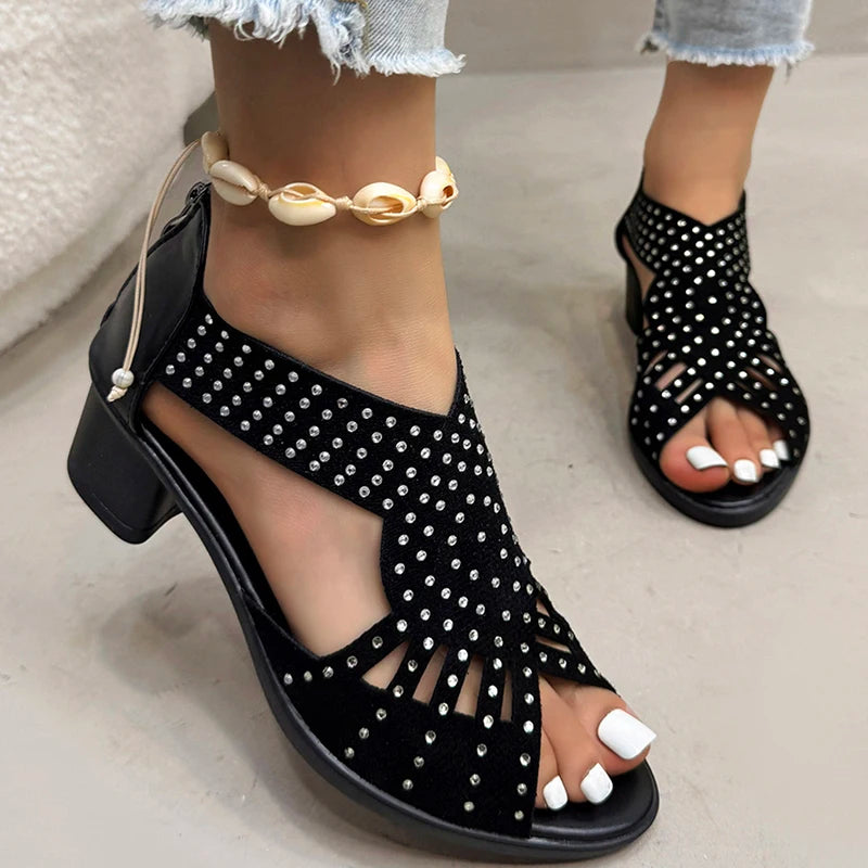 Crystal Decoration Peep Toe Sandal Women Fashion Hollow Out Black Sandals Ladies Summer 2025 Comfort Cover Heel Sandalias Mujer