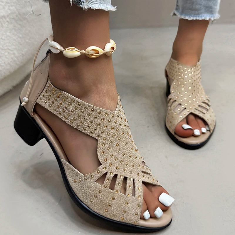 Crystal Decoration Peep Toe Sandal Women Fashion Hollow Out Black Sandals Ladies Summer 2025 Comfort Cover Heel Sandalias Mujer