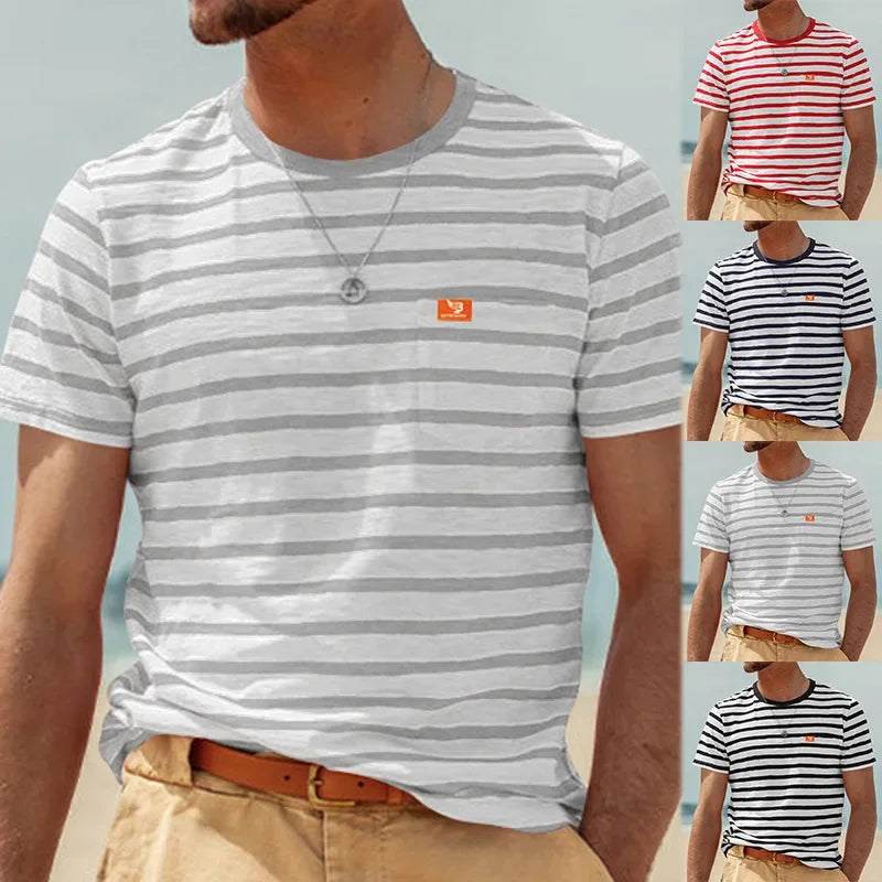 New Summer Style Men's Fashionable Casual Striped Short-sleeved Top Men's Round Neck T-shirt