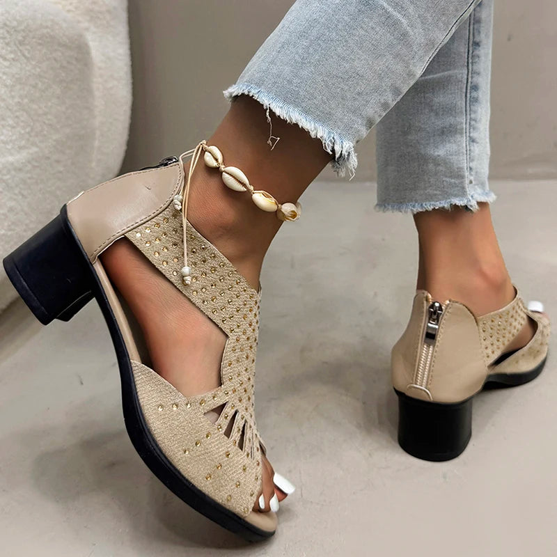 Crystal Decoration Peep Toe Sandal Women Fashion Hollow Out Black Sandals Ladies Summer 2025 Comfort Cover Heel Sandalias Mujer