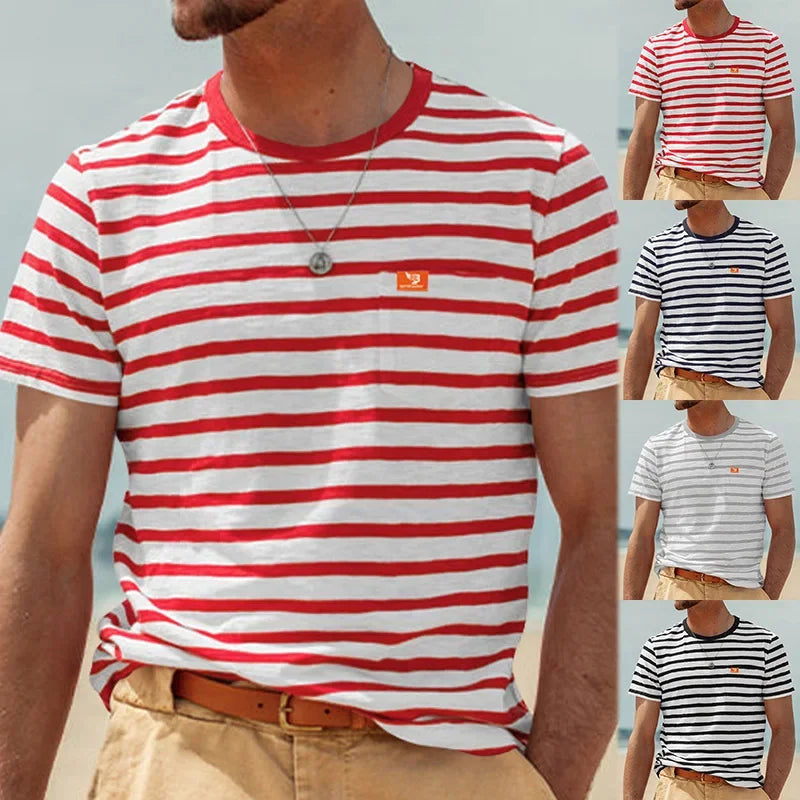 New Summer Style Men's Fashionable Casual Striped Short-sleeved Top Men's Round Neck T-shirt