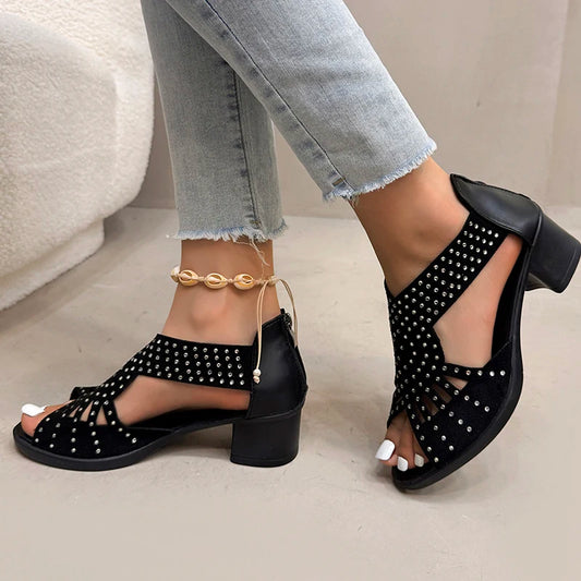 Crystal Decoration Peep Toe Sandal Women Fashion Hollow Out Black Sandals Ladies Summer 2025 Comfort Cover Heel Sandalias Mujer