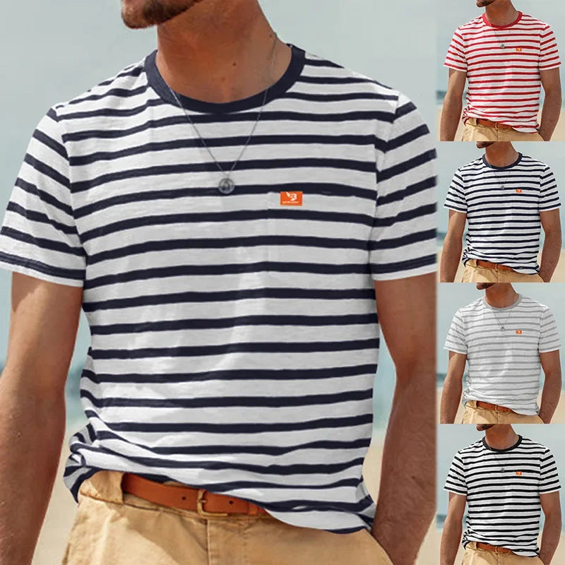 New Summer Style Men's Fashionable Casual Striped Short-sleeved Top Men's Round Neck T-shirt